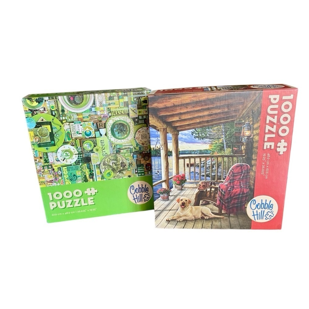Cobble Hill 1000 Piece Puzzle Sets, Two (2), “Green”, & “Cabin Porch”, E…